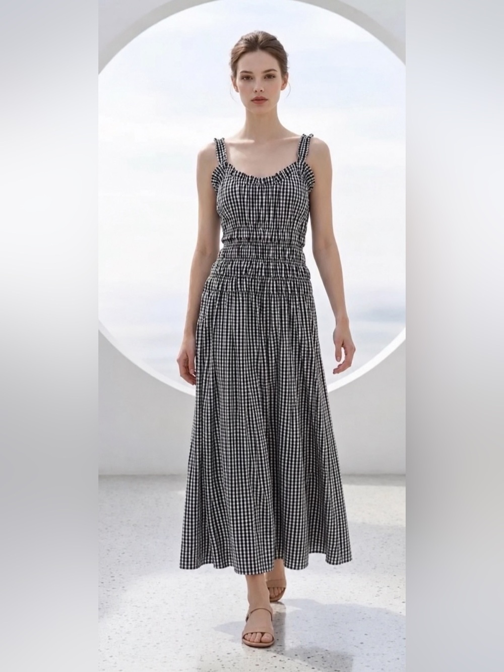 Caroline Constas Navy Blue & White Gingham Smocked Maxi Dress.